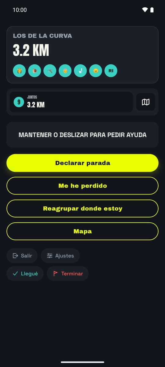 Excursión en marcha de Los de la curva, con el grupo junto y las acciones Declarar parada, Me he perdido y Mapa