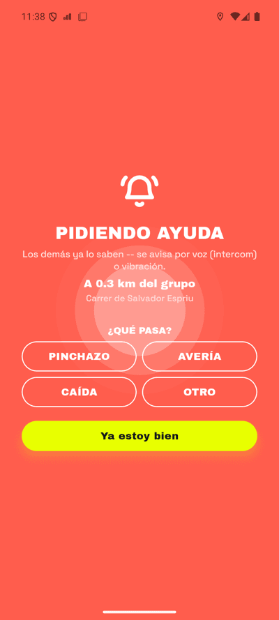 Pantalla Pidiendo ayuda, con el motivo y Ya estoy bien
